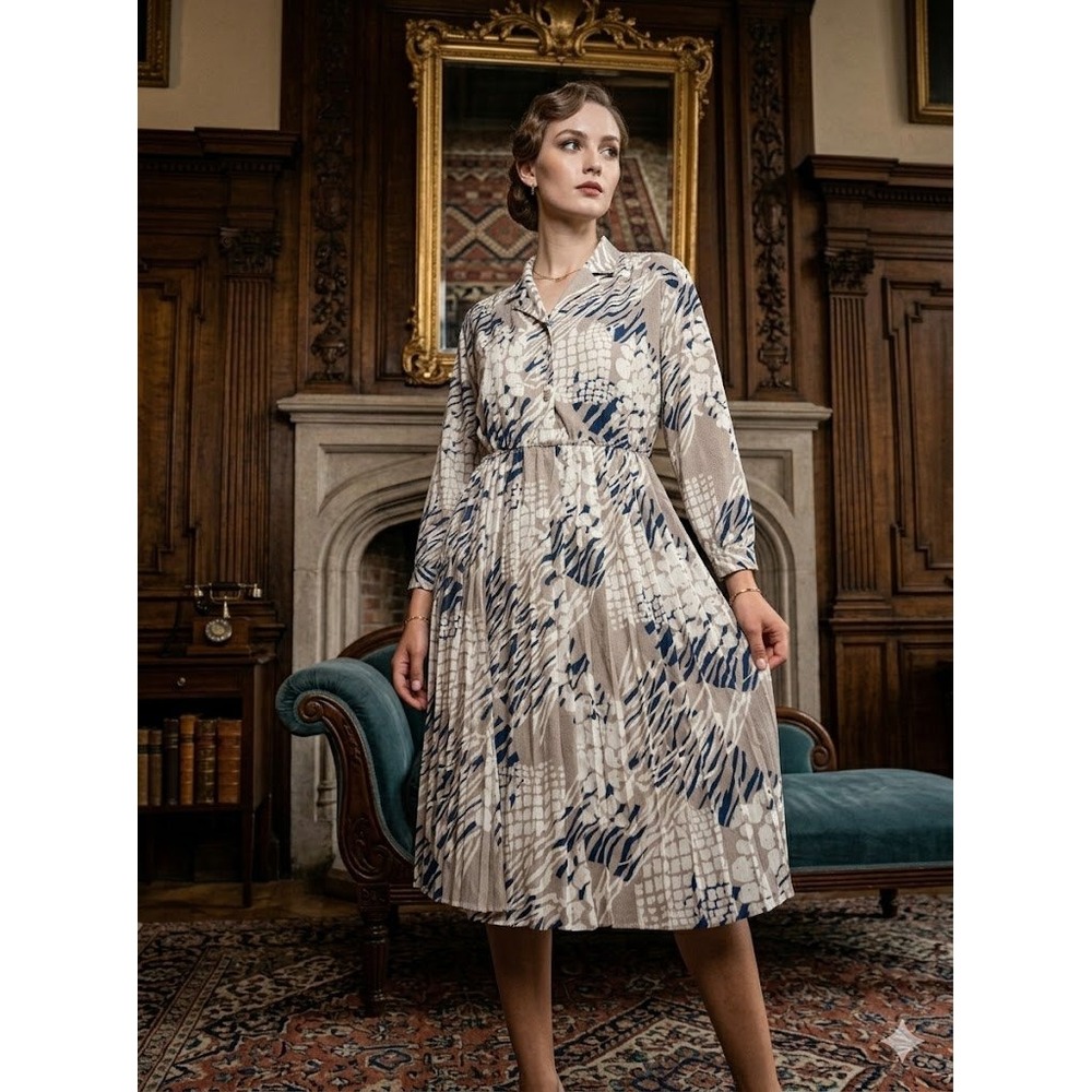 Vintage Schrader Sport Abstract Print Pleated Midi Dress Navy Tan Size 12 80s
